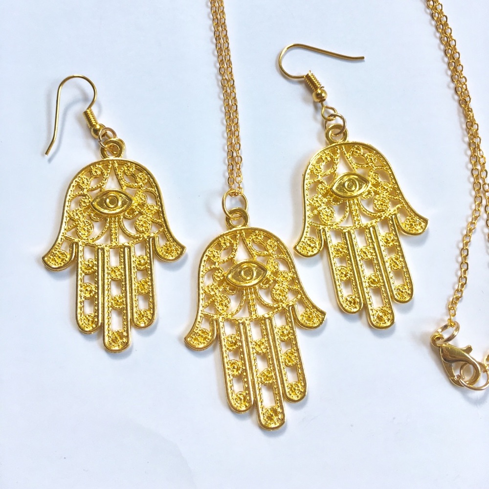 Hamsa Evil Eye Necklace & Earring Set - Picture 3 of 7